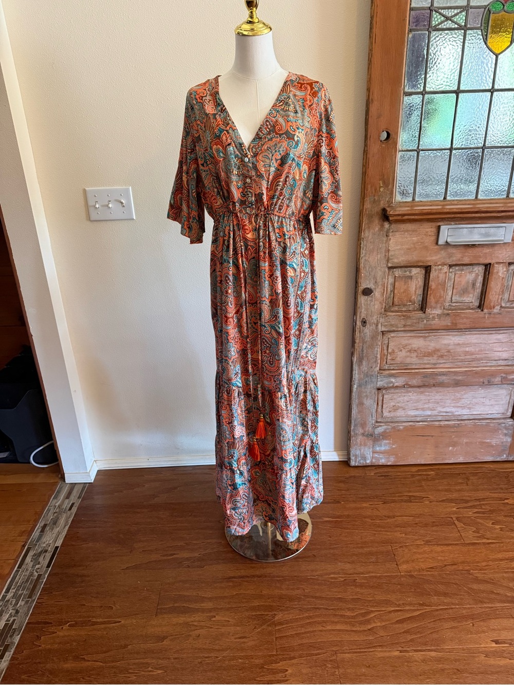 Paisley V-Neck Maxi Dress in Terracotta and Teal